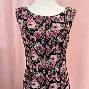Black Floral Midi Dress Size 12 Rose Print Sleeveless